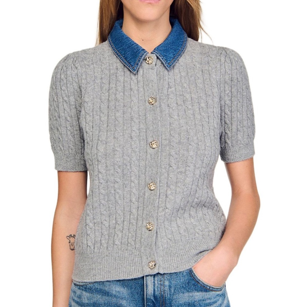 Sandro cable knit cardigan with denim collar, size small